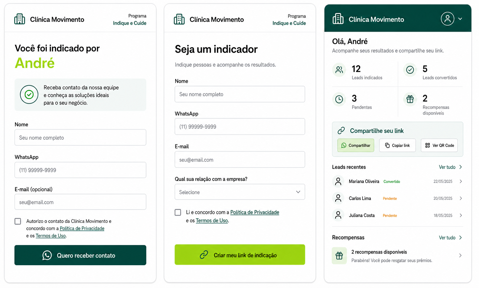 Jornada pública do lead, cadastro do indicador e portal de resultados